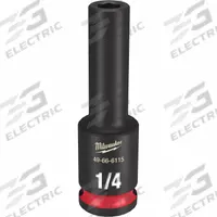 MILWAUKEE Deep Impact Socket: 3/8 in Drive Size, SAE, 1/4 in Socket Size, 6-Point, Deep, Friction (MPN 49-66-6115). Key specifications — attr1215501: MILWAUKEE; attr1215515: Black Phosphate; attr1215518: 1/4 in.