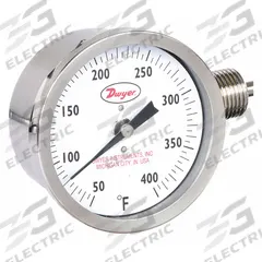 DWYER Dial Thermometer: 50°F to 400°F, ±2%Full Scale Accuracy, 2.5 in Stem Lg, 3 in Dial Dia (MPN BTLR325121). Key specifications — Accuracy: ±2 % Full Scale; Brand: DWYER.