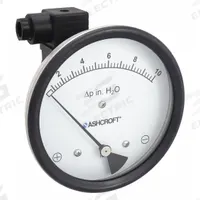 ASHCROFT Differential Pressure Gauge & Switch: Dual In-Line or Back, 1/8 in NPT Female, 1134, IP65 (MPN 451134EDRQMXV5CYLM10IWD). Key specifications — Sensor Type: Diaphragm; Series: 1134; Housing Material: Glass Filled Nylon; Certificate of Calibration: Not Included; Gauge Accuracy: ±3%.