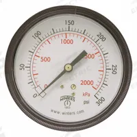 WINTERS Panel-Mount Pressure Gauge: U-Clamp, 0 psi to 300 psi, 3 1/2 in Dial, 1/4 in NPT Male, IP52 (MPN P9U901461UC). Key specifications — Accuracy: ±2-1-2%; Brand: WINTERS; Vibration Resistance Properties: Dry Case Vibration-Dampened; Gauge Wetted Parts: Brass / Bronze.