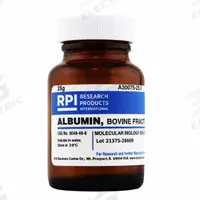 RPI Albumin, Bovine Fraction V (BSA): 25 g Volume, Molecular Biology, pH: 6.5 to 7.5, Powder, Glass (MPN A30075-25.0). Key specifications — Form: Powder; Special Information: pH: 6.5 to 7.5; Brand: RPI; Chemical Grade: Lab; Container Material: Glass.