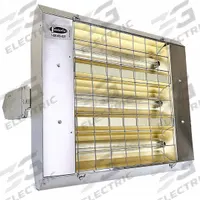 FOSTORIA Infrared Quartz Electric Heater: 4800 W Watt Output, 240V AC, 1/3 Phase, Hardwired, Silver (MPN H-30-223-THSS). Key specifications — Wattage Output: 4800 W; Voltage: 240V AC; Brand: FOSTORIA; Electrical Connection: Hardwired; Element Type: Quartz Lamp; Housing Color: Silver; Housing Material: Stainless Steel; Overall Dimensions - L x W x D: 24 in x 21-1/2 in x 11 in.