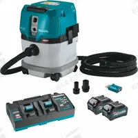 MAKITA Portable Cordless Shop Vacuum Kit: Cordless, HEPA, Dry, 4 gal Tank, (2) Batteries/Charger (MPN GCV04PMUX). Key specifications — attr118063: Charger; attr118066: HEPA; attr118075: Dry; attr118056: 4.0 Ah.