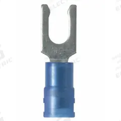 PANDUIT Fork Terminals: Blue, Nylon, #8 Stud Size, 16 AWG – 14 AWG Wire Range, Locking Fork, 600 V (MPN PN14-8LF-M). Key specifications — Barrel Style: Nylon Insulated; Manufacturer Part Number: PN14-8LF-M; Brand: PANDUIT; Series: CT.