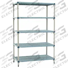 METRO Shelf Plastic Industrial Shelving (5): 24 in x 36 in, 74 in Overall Ht, 5 Shelves (MPN 5Q537G3). Key specifications — Resistance Properties: Antimicrobial; Shelf Adjustment Type: Quick-Adjust; Frame Material: Steel; Shelving Material: Steel; Brand: METRO.
