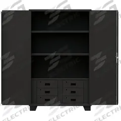 JAMCO Storage Cabinet: 48 in x 24 in x 78 in, Swing Handle & Padlock Hasp, 14 ga Panel Thick, Legs (MPN HG248BL). Key specifications — Cabinet Color: Black; Method of Construction: Welded; Base Type: Legs; Assembled: Assembled; Mobility: Stationary; Adjustable Shelves: (2) Adjustable; Cabinet Finish: Powder Coated; Cabinet Material: Steel.