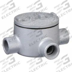 Conduit Outlet Body: Aluminum, GR, 1 1/2 in Trade Size, X Body, 72 cu in Body Capacity (MPN GRX150-A). Key specifications — Series: For Standard Body; Compatible Conduit Trade Size: 1-1/2 in; Thread Gender: Female; Hub Style: Threaded; Cover Included: Yes; Body Style: X; Connection Type: Threaded; Back Type: Round.
