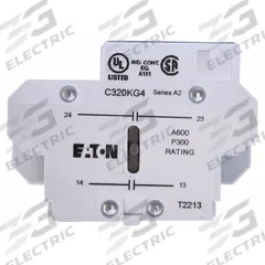 EATON Auxiliary Contact: 2NC, 10 A Max Current (AC), Side Mount, Side-Mounted (MPN C320KG5). Key specifications — Brand: EATON; Compatible with Series: A27 Definite Purpose Starters.