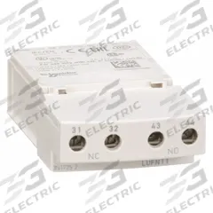 SCHNEIDER Auxiliary Contact: 1NO/1NC, 5 A Max Current (AC), Front Mount, Front-Mounted (MPN LUFN11). Key specifications — Brand: SCHNEIDER; Compatible with Series: TeSys.