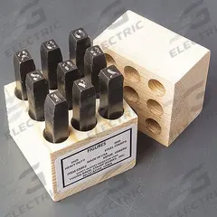 YOUNG BROS. STAMP WORKS Hand Stamp Kit: 0 thru 9 (6 doubles as 9), 1/32 in Character Ht, Steel (MPN 00093). Key specifications — Material: Steel; Brand: YOUNG BROS. STAMP WORKS; Characters Included: 0 thru 9 (6 doubles as 9).