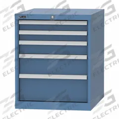 LISTA Modular Drawer Cabinet: 22 1/4 in x 28 1/2 in x 27 1/2 in, 5 Drawers, 53 Compartments, Steel (MPN MP06-0501A-FTKABB). Key specifications — Drawer Inside Height: (2) 2 in; Drawer Access: Single; Base Type: Fork Base; Number of Compartments per Drawer: (1) 9; Brand: LISTA; Cabinet Color: Bright Blue.