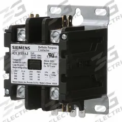 SIEMENS Definite Purpose Contactor: 2 Poles, 120V AC, 40 A, Non-Reversing, Std Contactor Frame Size (MPN 42CF15AF). Key specifications — Brand: SIEMENS; Coil Voltage: 110/110-120V AC; Mounting Style: Surface; Terminal Connection Type: Quick Disconnect and Screw/Box Lug; Maximum Voltage Rating: 600V AC; Series: 42 Series; Phase: Single; Main Pole Contact Form: 2NO.