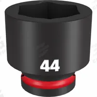 MILWAUKEE Standard Impact Socket: 3/4 in Drive Size, Metric, 44 mm Socket Size, 6-Point, Std (MPN 49-66-6382). Key specifications — attr1215501: MILWAUKEE; attr1215515: Black Phosphate; attr1215518: 44 mm.