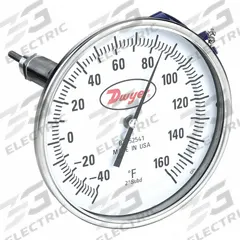 DWYER Dial Thermometer With Process Output: -40°F to 160°F, +/- 1% Accuracy, 2.5 in Stem Lg, Male (MPN BTO52541). Key specifications — Brand: DWYER; Accuracy: +/- 1%.