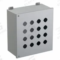 HAMMOND Push Button Enclosure: 30mm, 16 Holes, Carbon Steel, NEMA 12 (MPN 1489P16). Key specifications — attr211299: HAMMOND; attr1043605: Indoor Dust & Water Droplets.