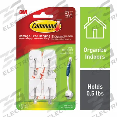 COMMAND Hook: 3/8 lb Wt Capacity, 1 Points per Hook, White, 1 3/16 in Overall Ht - Adhesive-Backed Utility Hooks