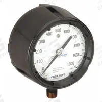 ASHCROFT Process Pressure Gauge: 0 psi to 1,000 psi, White, 4 1/2 in Dial, 1/2 in NPT Male, Bottom (MPN 451279SS04LXLL1000). Key specifications — Brand: ASHCROFT; Pointer Color: Black; Accuracy: ±0.5%; Dial Color: White; Gauge Wetted Parts: Stainless Steel; Case Material: Phenolic; Vibration Resistance Properties: Dry Case Vibration-Dampened; Pressure Range: 0 psi to 1,000 psi.