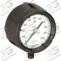 ASHCROFT Process Pressure Gauge: 0 psi to 1,000 psi, White, 4 1/2 in Dial, 1/2 in NPT Male, Bottom (MPN 451279SS04LXLL1000). Key specifications — Brand: ASHCROFT; Pointer Color: Black; Accuracy: ±0.5%; Dial Color: White; Gauge Wetted Parts: Stainless Steel; Case Material: Phenolic; Vibration Resistance Properties: Dry Case Vibration-Dampened; Pressure Range: 0 psi to 1,000 psi.