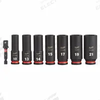 MILWAUKEE Impact Socket Set: 3/8 in Drive Size, 10mm/13mm/14mm/15mm/17mm/19mm/21mm Socket Size, 0 (MPN 49-66-7021). Key specifications — attr1204251: MILWAUKEE; attr1215453: 3/8 in; attr1215454: 10 mm to 21 mm; attr1224229: Friction.