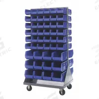 QUANTUM STORAGE SYSTEMS Mobile Louvered Floor Rack: 36 in x 24 in x 72 in, 96 Bins Included, Blue (MPN QMD-36H-230240BL). Key specifications — Bin Width: (72) 5-1/2 in; Color: Gray; Caster Wheel/Configuration: (2) Swivel; Caster Wheel/Tread Material: Hard Rubber; Bin Color: Blue; Bin Depth: (72) 10-7/8 in; Bin Height: (72) 5 in; Brand: QUANTUM STORAGE SYSTEMS.