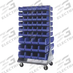 QUANTUM STORAGE SYSTEMS Mobile Louvered Floor Rack: 36 in x 24 in x 72 in, 96 Bins Included, Blue (MPN QMD-36H-230240BL). Key specifications — Bin Width: (72) 5-1/2 in; Color: Gray; Caster Wheel/Configuration: (2) Swivel; Caster Wheel/Tread Material: Hard Rubber; Bin Color: Blue; Bin Depth: (72) 10-7/8 in; Bin Height: (72) 5 in; Brand: QUANTUM STORAGE SYSTEMS.
