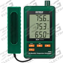 EXTECH Carbon Dioxide Meter: User Selectable Sampling Rate, Gas Analyzers for Carbon Dioxide, SD800. Key specifications — Manufacturer Part Number: SD800; Brand: EXTECH; Digital Display Screen Type: LCD; Features: Selectable Data Sampling Rate of 5, 10, 30, 60, 120, 300, 600 Seconds or Automatic; Includes: 2G SD Memory Card; PPM Accuracy: ±5% of Reading (>1000ppm); Power Source: AC Adapter; Relative Humidity Accuracy: ±4%.