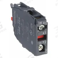 SCHNEIDER Contact Block: 22 mm Panel Mounting Size, 2NC, Momentary, ZB4/ZB5 Series (MPN ZBE204). Key specifications — Switch Action: Momentary; Terminal Connection Type: Screw Clamp Terminals; Brand: SCHNEIDER; Compatible with Series: ZB4.