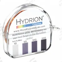 HYDRION Test Paper: Free Chlorine, 10 to 200 ppm Chlorine, Strip, 2,000 Tests, 15 ft Overall Lg (MPN CM-240). Key specifications — Test Form: Strip; Brand: HYDRION; Parameter Measurements Included: 10 to 200 ppm Chlorine.