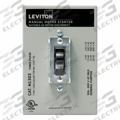 LEVITON Manual Motor Controller: 3 Poles, 30 A, 1 NEMA Rating, Painted Steel Enclosure (MPN N1303-DS). Key specifications — Brand: LEVITON; Maximum Voltage Rating: 600V AC; Mounting Style: Surface; Pilot Light: Not Included; Enclosure Material: Painted Steel.