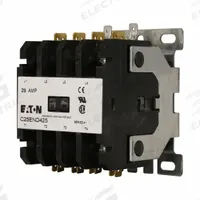 EATON Definite Purpose Magnetic Contactor: 4 Poles, 24V AC, 25 A, Non-Reversing (MPN C25END425T). Key specifications — Brand: EATON; Coil Voltage: 24V AC; Contactor Style: HVACR Definite Purpose Contactor; Frame Size: E; Terminal Connection Type: Quick-Disconnect Terminals; Maximum Voltage Rating: 690V AC; Series: C25 Series; Phase: Three.