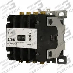 EATON Definite Purpose Magnetic Contactor: 4 Poles, 24V AC, 25 A, Non-Reversing (MPN C25END425T). Key specifications — Brand: EATON; Coil Voltage: 24V AC; Contactor Style: HVACR Definite Purpose Contactor; Frame Size: E; Terminal Connection Type: Quick-Disconnect Terminals; Maximum Voltage Rating: 690V AC; Series: C25 Series; Phase: Three.