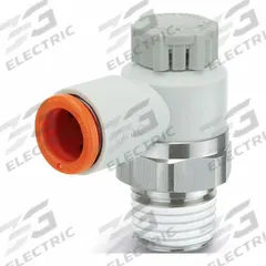SMC Speed Control Valve: Elbow Fitting, Screw, 1/4 in/1/8 in Valve Body Size, 3/16 in Tube (MPN AS2201F-N01-05S). Key specifications — attr947203: Brass/PBT; attr947205: SMC.