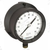 ASHCROFT Process Pressure Gauge: 0 psi to 60 psi, White, 4 1/2 in Dial, 1/2 in NPT Male, Bottom, 4X (MPN 451379ASL04L60#). Key specifications — Brand: ASHCROFT; Pointer Color: Black; Accuracy: ±0.5%; Dial Color: White; Gauge Wetted Parts: Brass / Bronze; Case Material: Epoxy-Coated Aluminum; Vibration Resistance Properties: Liquid-Filled; Pressure Range: 0 psi to 60 psi.