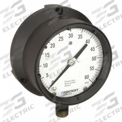 ASHCROFT Process Pressure Gauge: 0 psi to 60 psi, White, 4 1/2 in Dial, 1/2 in NPT Male, Bottom, 4X (MPN 451379ASL04L60#). Key specifications — Brand: ASHCROFT; Pointer Color: Black; Accuracy: ±0.5%; Dial Color: White; Gauge Wetted Parts: Brass / Bronze; Case Material: Epoxy-Coated Aluminum; Vibration Resistance Properties: Liquid-Filled; Pressure Range: 0 psi to 60 psi.