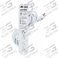 LEVITON Outlet Strip: 4 Outlets, 15 ft Cord Lg, 644 J Rated Energy, 20 A Current, White, 5-20P (MPN 53C4M-2S5). Key specifications — Brand: LEVITON; Mounting Style: Screw.