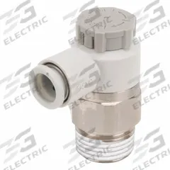 SMC Speed Control Valve: Elbow Fitting, Knob, 1/4 in/1/8 in Valve Body Size, 6 mm Tube, Meter Out (MPN AS2201F-01-06SA). Key specifications — attr947203: Brass/PBT; attr947205: SMC.