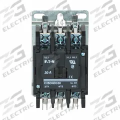 EATON Definite Purpose Magnetic Contactor: 3 Poles, 208-240V AC, 30 A, Non-Reversing (MPN C25DND330B). Key specifications — Brand: EATON; Coil Voltage: 208-240V AC; Contactor Style: HVACR Definite Purpose Contactor; Frame Size: D; Terminal Connection Type: Quick-Disconnect Terminals; Maximum Voltage Rating: 690V AC; Series: C25 Series; Phase: Three.