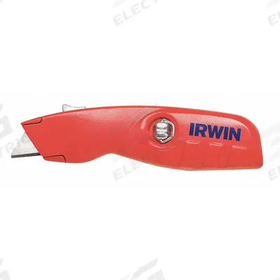 IRWIN Safety Knife: 6 in Overall Lg, 1 1/2 in Overall Wd, Aluminum, Red - Automatic Retracting Utility Knives