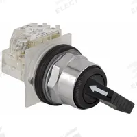 SCHNEIDER Selector Switch: 30 mm Panel Mounting Size, 2 Positions, Extended Lever, SPDT, Metallic (MPN 9001KS11FBH13). Key specifications — AC Contact Rating: 1.5 A @ 480 V; Action: Maintained/Maintained; Cam: E; DC Contact Rating: 0.27 A @ 250 V; Hazardous Location Specification: Not Rated; Operator Head Material: Polycarbonate; Operator Head Type: Long-Handled Knob; Operator Illumination: Non-Illuminated.