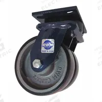 RWM Plate Caster: Swivel, Polyurethane, 6 in Wheel Dia, 2 in Wheel Wd, 8 in Mounting Ht, Roller (MPN 2-75-UIR-0620-S). Key specifications — Wheel/Tread Color: Blue; Brand: RWM; Roll Up: Swivel.