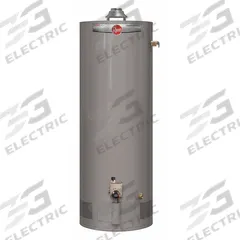 RHEEM Residential Gas Water Heater: Natural Gas, Low NOx, 50 gal, 38,000 BTU, 61.25 in Ht (MPN PROG50-38N RH60). Key specifications — Display Sell UOM: EA; Market: Residential; Standards: AHRI Certified; Sub-brand: gas water heater; Brand: RHEEM; Low NOx: Yes; Water Connection Location: Center; Fuel Type: Natural Gas.