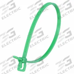 RETYZ Releasable Cable Tie: Green, 6 in Lg, Max. 1 1/2 in Bundle Dia., 18 lb Rated, 100 PK (MPN VRT-S06GN-TA). Key specifications — Outdoor Use: No; Color: Green; Brand: RETYZ; Pack: Large Pack.