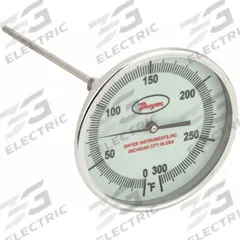 DWYER Glow-in-the-Dark Dial Thermometer: 0°F to 300°F, +/- 1% Accuracy, 5 in Dial Dia, Male (MPN GBTA560151). Key specifications — attr1275048: +/- 1%; attr1275052: DWYER.
