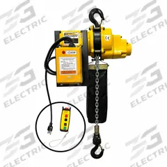 OZ LIFTING PRODUCTS Electric Chain Hoist: H3 - Std Duty, 115V AC, Hook Mounted - No Trolley (MPN OZ2000ECW-10). Key specifications — Brand: OZ LIFTING PRODUCTS; Includes: Chain Container; Operating Voltage: 115V AC; Headroom Clearance: 28 in - 30 in.