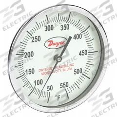 DWYER Glow-in-the-Dark Dial Thermometer: 50°F to 550°F, +/- 1% Accuracy, 5 in Dial Dia, Male (MPN GBTB56071). Key specifications — Accuracy: +/- 1%; Brand: DWYER.