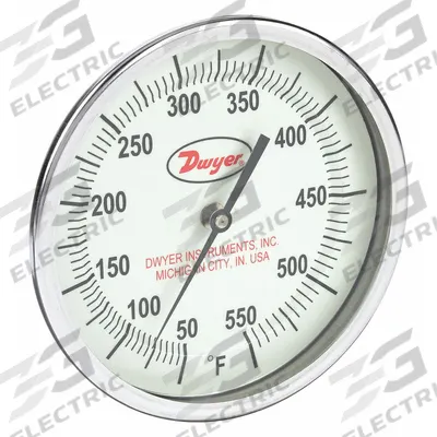 Dwyer Glow-in-the-Dark Dial Thermometer: 50°F to 550°F, +/- 1% Accuracy, 5 in Dial Dia - Fixed-Angle Glow-in-the-Dark Thread-Mount Dial Thermometers
