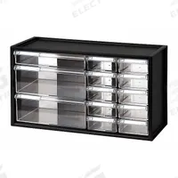 WESTWARD Drawer Bin Cabinet: 17 3/4 in x 7 in x 9 3/4 in, 13 Drawers, Stackable, Polystyrene, Black (MPN 31TT94). Key specifications — attr66719: Polystyrene; attr66728: Yes; attr66722: Clear; attr66720: Drawer; attr66714: Assembled; attr66726: (1) 1-1/2 in x 8-3/4 in x 6-1/4 in; attr66716: Black; attr66753: Polystyrene.
