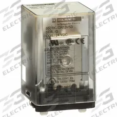 SCHNEIDER General Purpose Relay: Socket Mounted, 10 A Current Rating, 24V DC, 3PDT, C Socket (MPN 8501KUDR13V53). Key specifications — Brand: SCHNEIDER; Base Type: Square; Mounting Style: Socket; Pin Shape: Flat; Electrical Connection: Quick-Connect; Manufacturer Part Number: 8501KUDR13V53; Series: Square D 8501K Series.