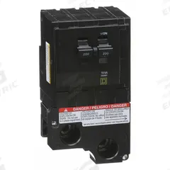 SQUARE D Miniature Circuit Breaker: 200 A, 120/240V AC, Single Phase, 10kA at 120/240V AC, 2 Poles (MPN QO2200). Key specifications — Phase: Single; Amps: 200 A; AC Voltage Rating: 120/240V AC; Max. AIR Rating: 10kA at 120/240V AC; For Use With: QO Load Centers and NQ Panelboards; Brand: SQUARE D.