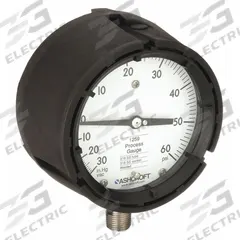 ASHCROFT Process Compound Gauge: 0 psi to 60 psi, White, 4 1/2 in Dial, 1/2 in NPT Male, Bottom, PBT (MPN 451259SD04LV/60#). Key specifications — Brand: ASHCROFT; Pointer Color: Black; Accuracy: ±0.5%; Dial Color: White; Gauge Wetted Parts: Stainless Steel; Case Material: PBT; Vibration Resistance Properties: None; Pressure Range: 0 psi to 60 psi.